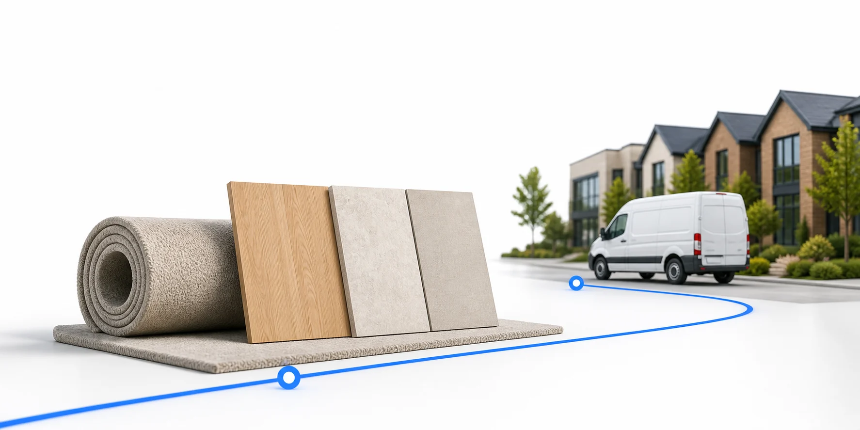 Carpet and flooring samples connected to a delivery van and new homes